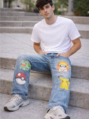 Levi’s 569 Y2K Anime Jeans Pokémon x Naruto x Levis Custom Streetwear Size 28x28